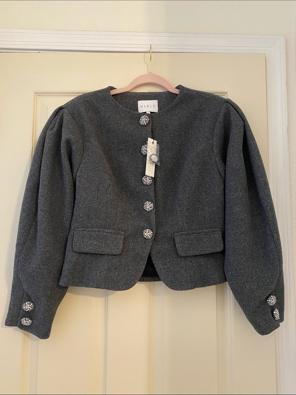 NWT Mable Gray Blazer Jacket with Rhinestone Buttons